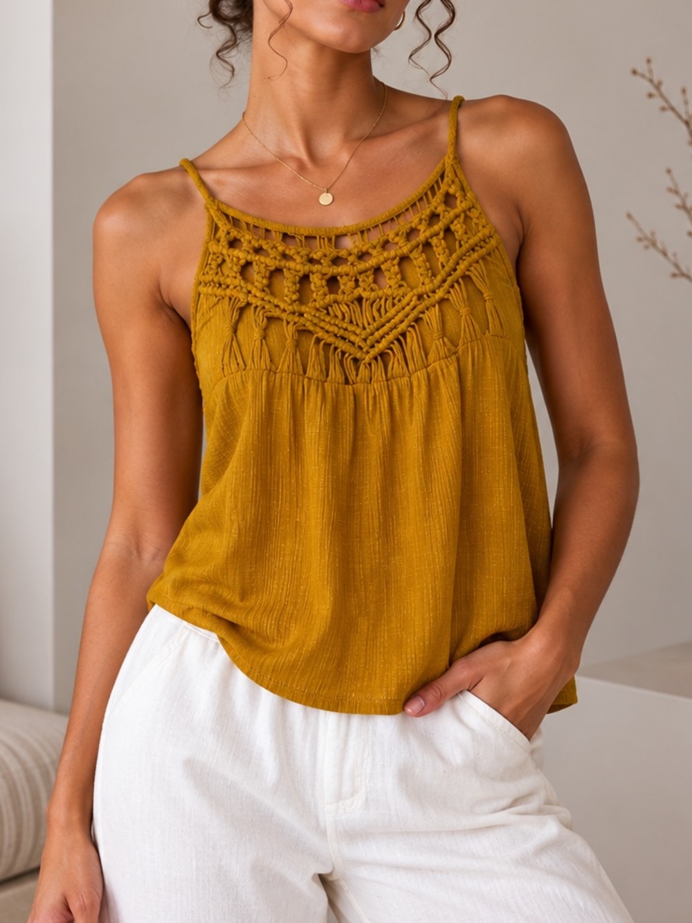 Maurices Mustard Crochet Yoke Spaghetti Strap Camisole